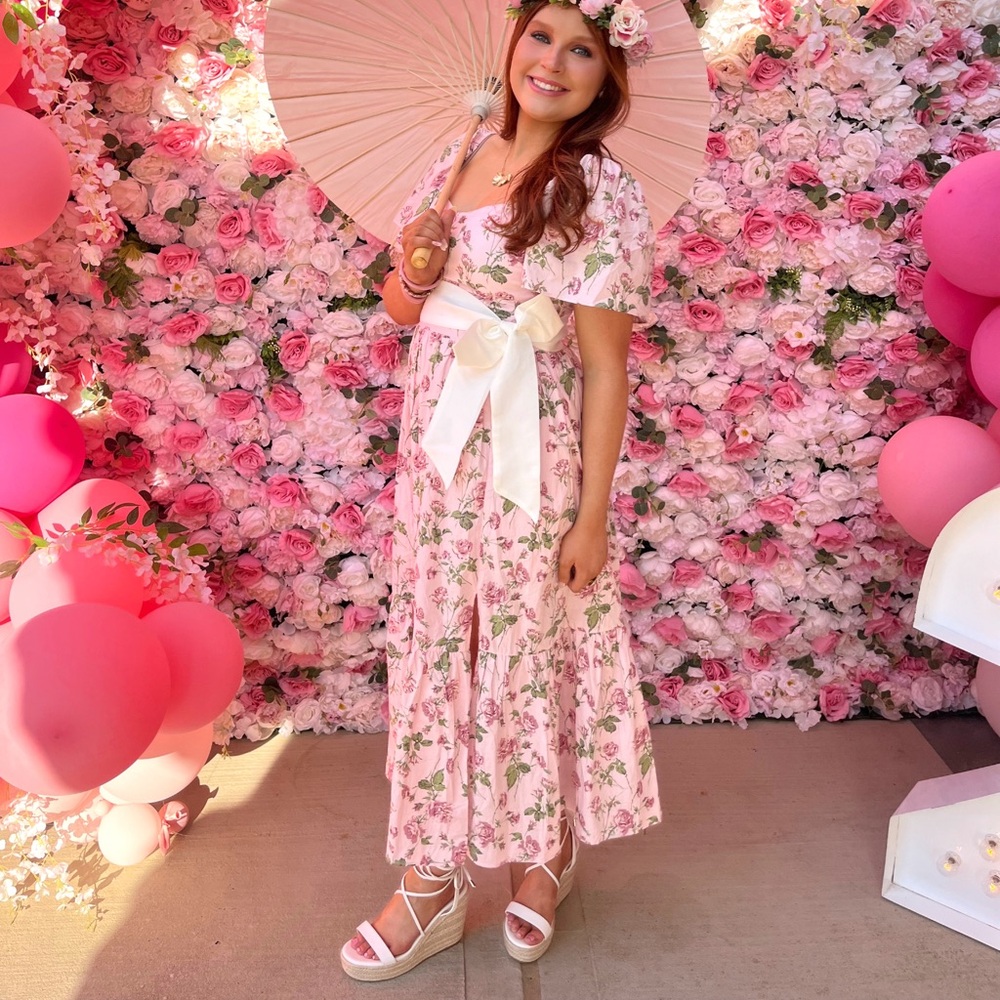 floral garden party pink dress with white bow